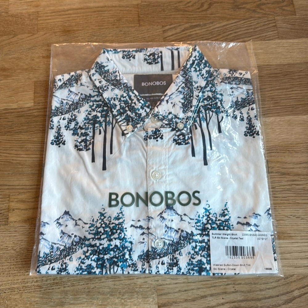 Bonobos Summer Weight Shirt Ski Scene-Crystal Teal in Sz Medium Tailored